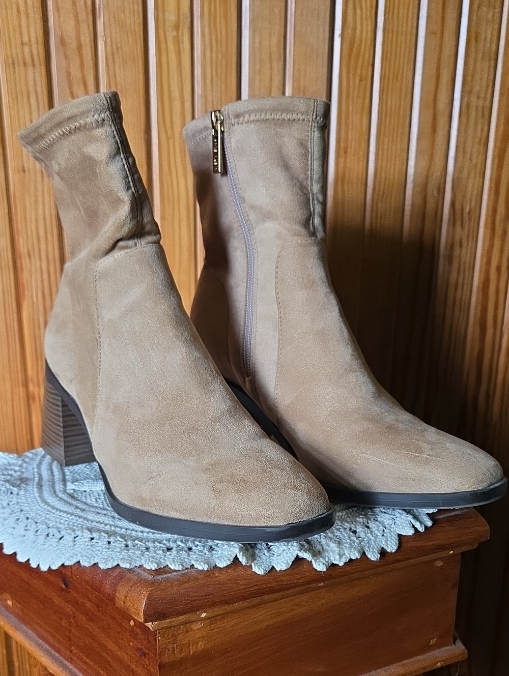 Anne Klein Astrid Faux Suede Sock Booties - Camel Tan - Size 9